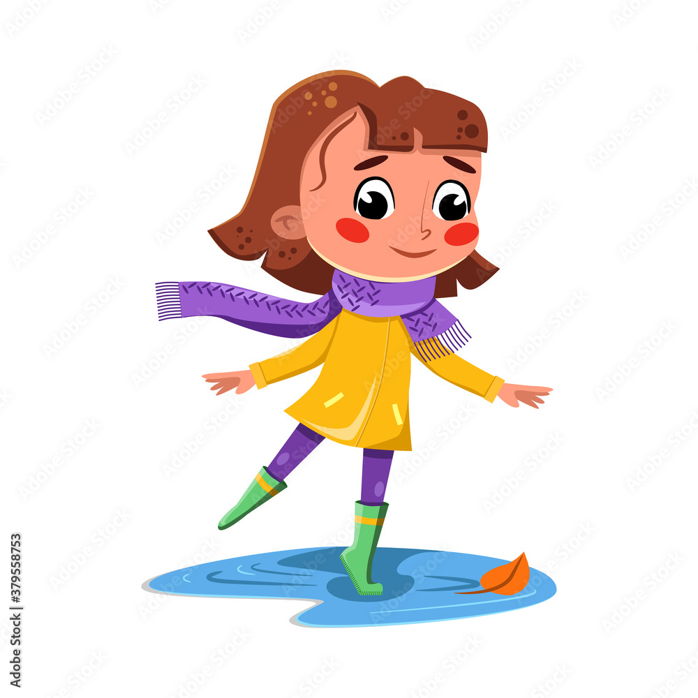 Girl Jumping in Puddles Wearing Rubber Boots and Yellow Raincoat Cartoon Style Vector Illustration