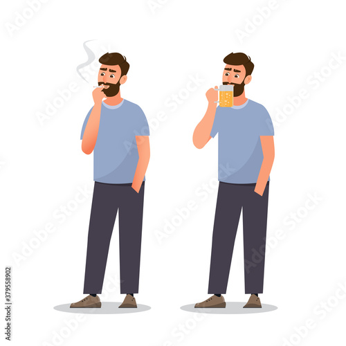 man are smoking cigarette and drink beer.