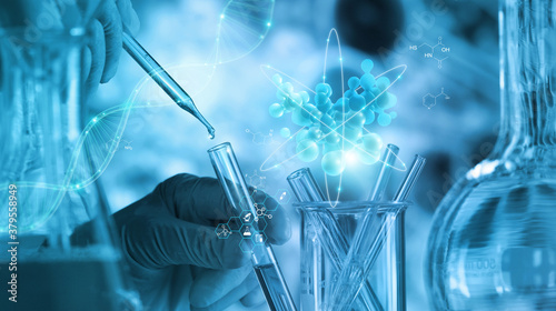 Fotografija Scientists are experimenting and research with molecule model, DNA, Science background with molecules and atoms in the laboratory, Medical science and biotechnology, 3D render