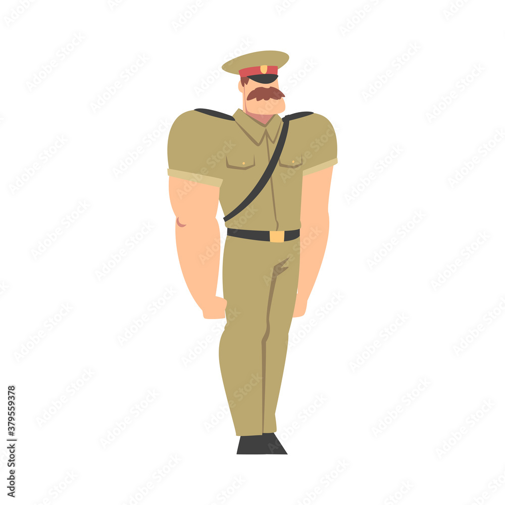 Obraz premium Military Man in Khaki Uniform, Army Soldier Character Cartoon Style Vector Illustration