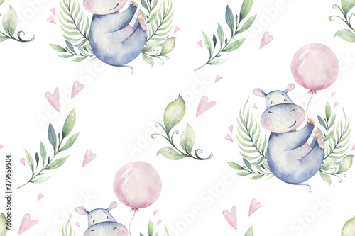 Hand drawn cute isolated tropical summer watercolor hippo animals seamless pattern. hippopotamus baby and mother cartoon animal illustrations, jungle tree, brazil trendy design.