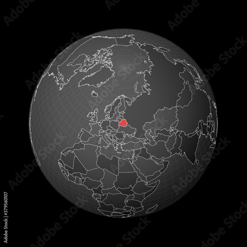 Dark globe centered on Belarus. Country highlighted with red color on world map. Satellite world projection. Superb vector illustration.