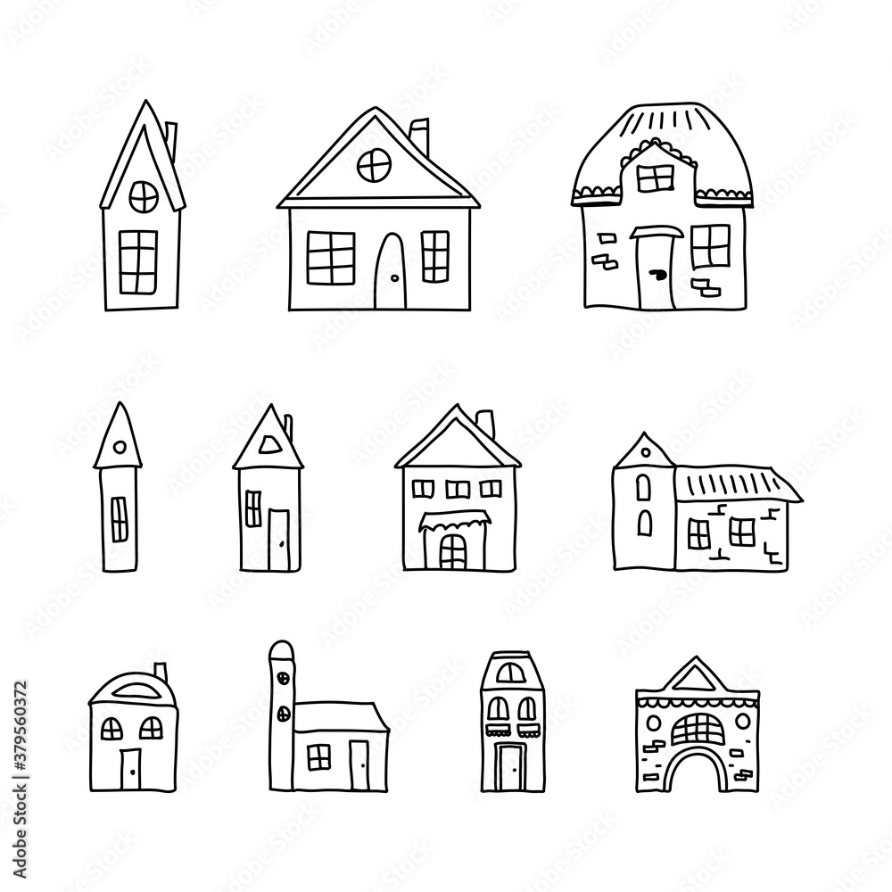 Hand drawn set of doodle houses. Thin black line. Different windows, doors and roofs. Vector illustration isolated on white