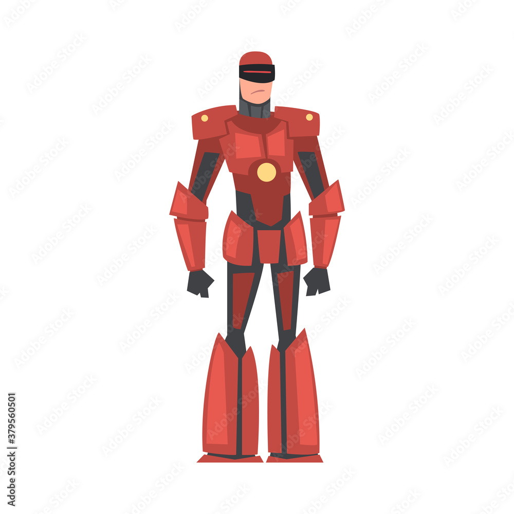 Man in Red Robot Costume, Cyborg or Superhero Character, Carnival Party or Masquerade Cartoon Style Vector Illustration