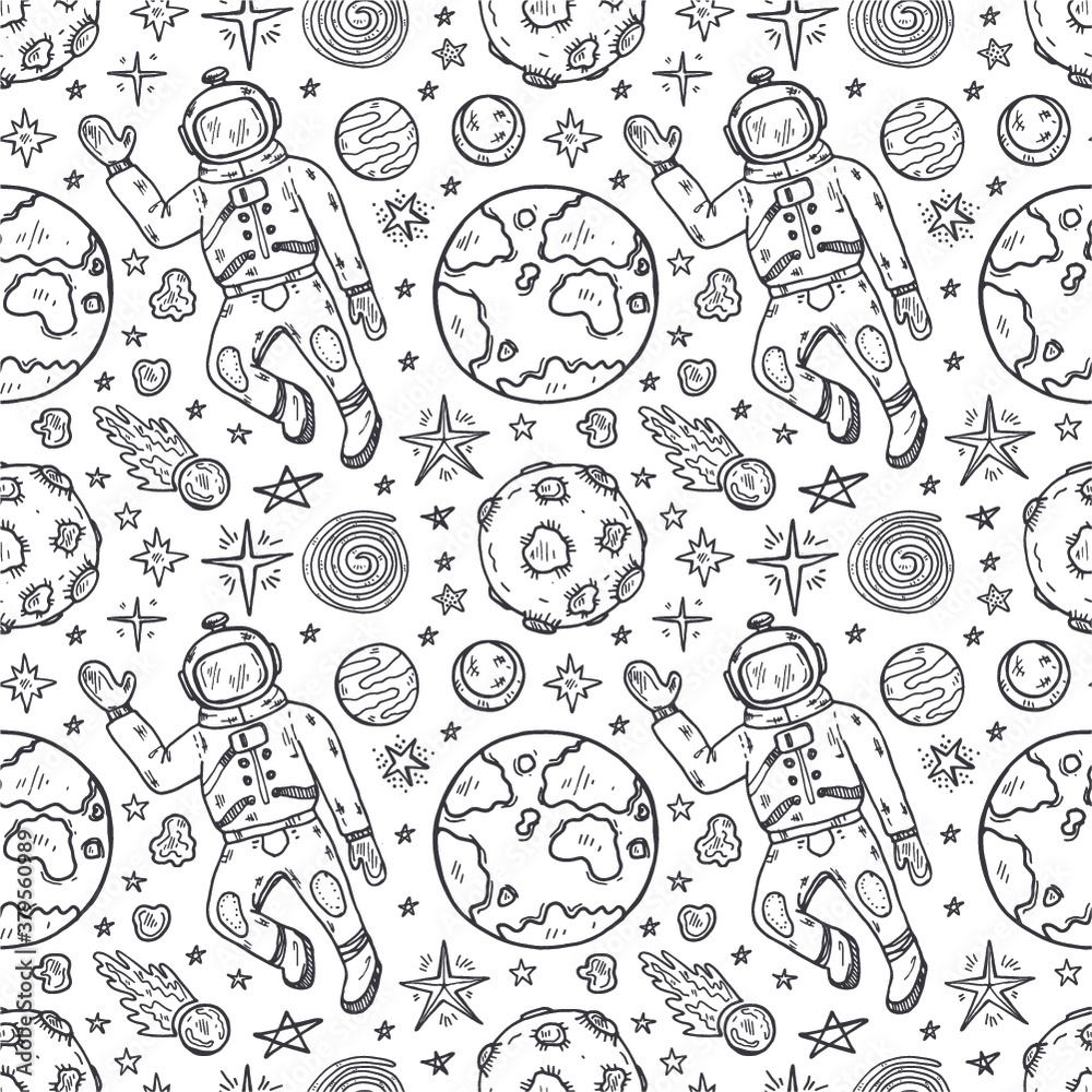 Seamless pattern with cute hand drawn space objects: stars, rockets, planets, etc. Hand-drawn vector collection Seamless pattern with cute hand drawn space objects: stars, rockets, planets, etc. Hand-drawn vector collection