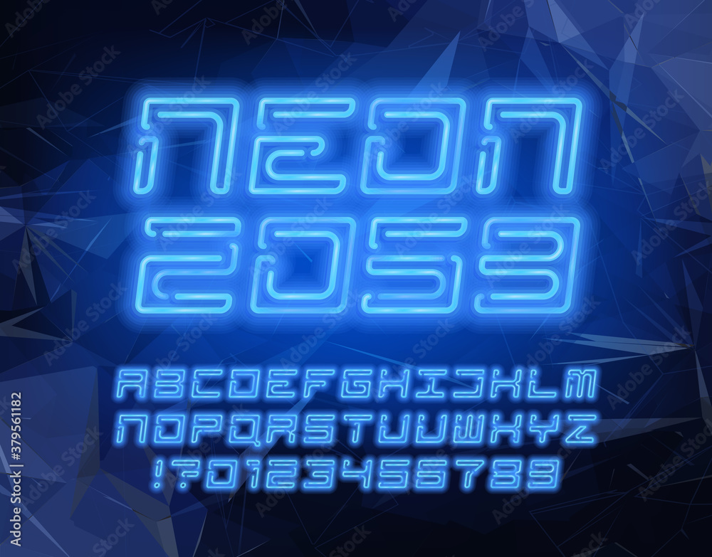 Neon 2059 alphabet font. Neon letters, numbers and symbols. Abstract background. Futuristic vector typeface for your typography design.