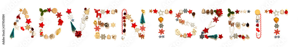 Colorful Christmas Decoration Letter Building German Word Adventszeit Means Advent Season. Festive Ornament Like Christmas Tree, Star And Ball. White Isolated Background
