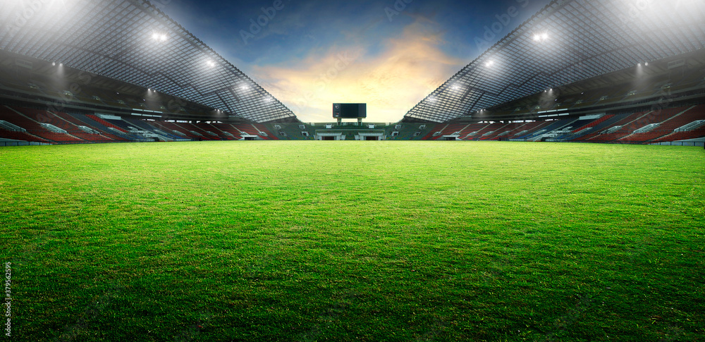 Obraz na płótnie Sunset scene illumination soccer stadium and green grass field. 3D rendering w salonie