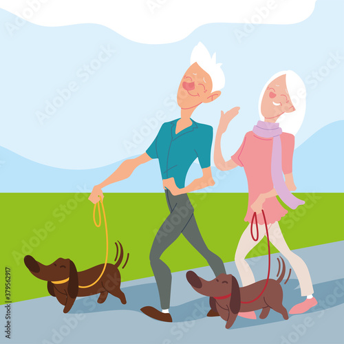 elderly couple walk their dogs in the park, active seniors