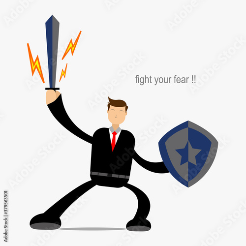 Illustration vector graphic cartoon character of a brave man against his fears and confident
