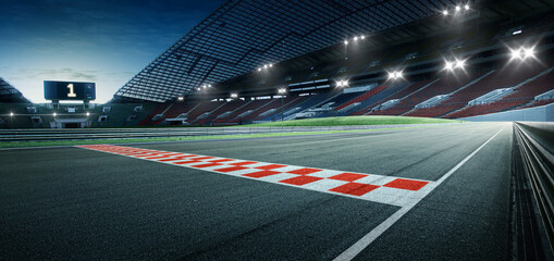 Evening scene asphalt international race track with starting or end line, digital imaging recomposition background.