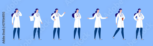 Doctor character creation set with various poses and gestures. Isolated. Female doctor.