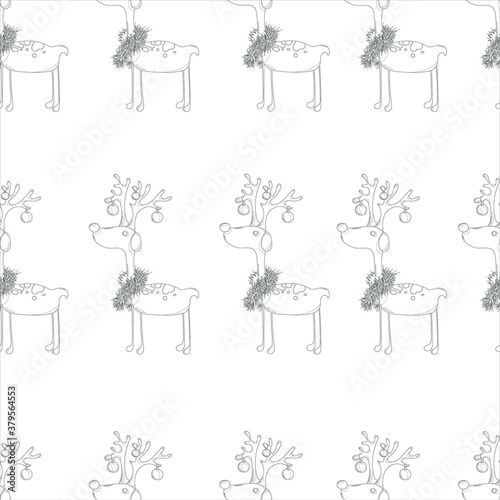 Cartoon cute Christmas New Year winter deer with decorations seamless pattern. Vector illustration in black and white for games, background, pattern, decor. Coloring papaer, page, story book.