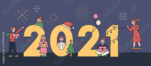 2021 celebration decoration banner. flat design style minimal vector illustration.