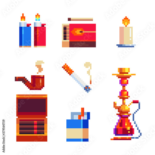 Tools tobacco. Smoking cigarette pixel art icons set.  Tobacco pipe. Isolated vector illustration. Matches, hookah, candle and lighter. Design for stickers, logo, app, website, embroidery.