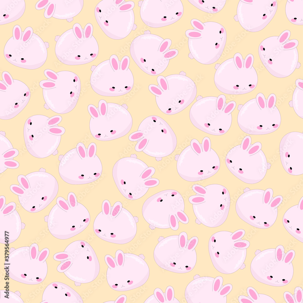 Cute cartoon pink bunny on pastel orange background seamless pattern. Vector illustration for games, background, pattern, decor. Print for fabrics and other surfaces.