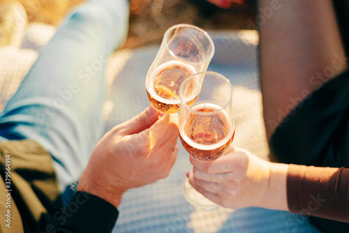 A photo of to glasses of champagne cheering at a picnic