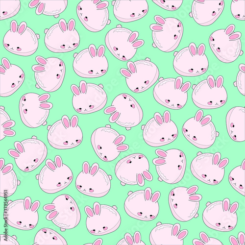 Cute cartoon pink bunny on blue green background seamless pattern. Vector illustration with outlines for games, background, pattern, decor. Print for fabrics and other surfaces.