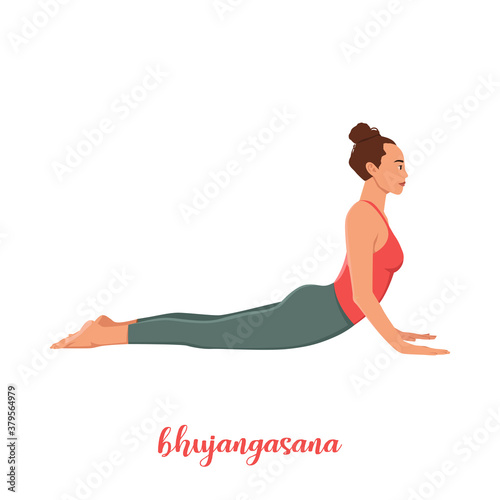 Yoga woman in Bhujangasana or Cobra Pose. Female cartoon character practicing Hatha yoga. Girl demonstrating exercise during gymnastics training. Flat vector illustration.