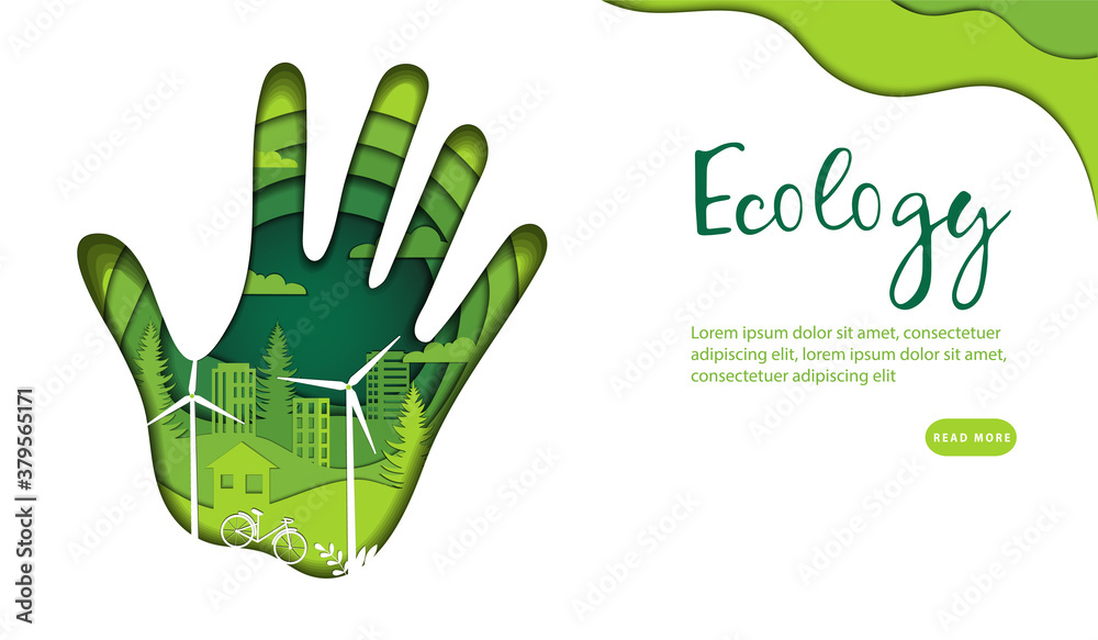 Save Ecology, Green Renewable Energy Concept. Abstract Palm Print In Light And Dark Green Colors With Eco Urban City Inside, Isolated On White Background. Colorful Vector Illustration In Flat Style Save Ecology, Green Renewable Energy Concept. Abstract Palm Print In Light And Dark Green Colors With Eco Urban City Inside, Isolated On White Background. Colorful Vector Illustration In Flat Style