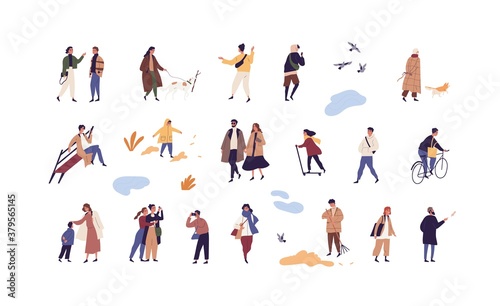Set of people walk and performing outdoor activity at autumn season vector flat illustration. Collection of man  woman and children talk  play  ride and stroll enjoy fall weather isolated on white