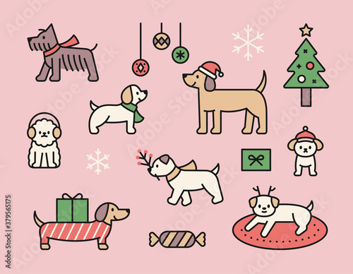 Cute Christmas dog icons collection. flat design style minimal vector illustration.