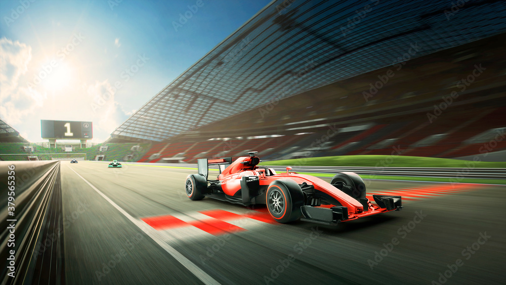 Race driver pass the finishing point and motion blur background during sunrise. 3D rendering - obrazy, fototapety, plakaty 