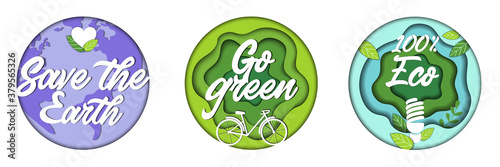 Save The Earth, Save Ecology, Go Green Concept. Environment Conservation, Saving Environmental Sustainability In Ecosystem. Set Of Thee Round Isolated Logos. Colorful Vector Illustration In Flat Style