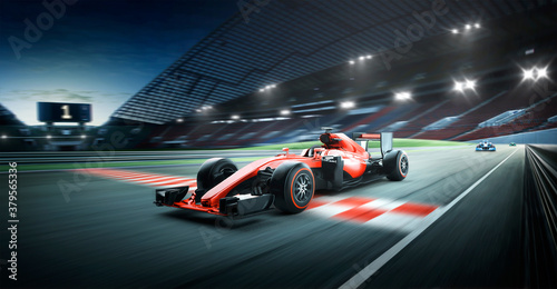 Race driver pass the finishing point and motion blur background. 3D rendering © Image Craft
