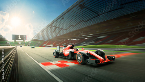 Fotografija Race driver pass the finishing point and motion blur background during sunrise