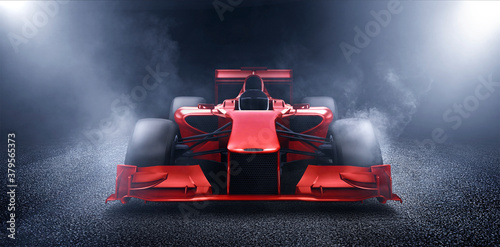 Race car with fiery smoke on wheel. 3D rendering