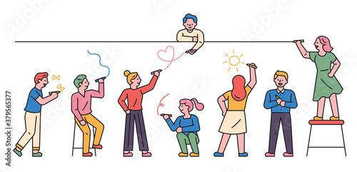 People are lining up against the wall and graffiti. flat design style minimal vector illustration.