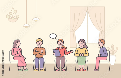 People who attend group meetings and chat. flat design style minimal vector illustration.