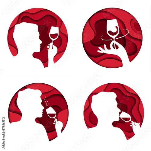 Red Wine Tasting Concept. Sommelier Trying Wine. Man Silhouette Tasting Red Wine From a Glass. Set Of Abstract Round Logos Isolated On White Background. Colorful Flat Style Simple Vector Illustration