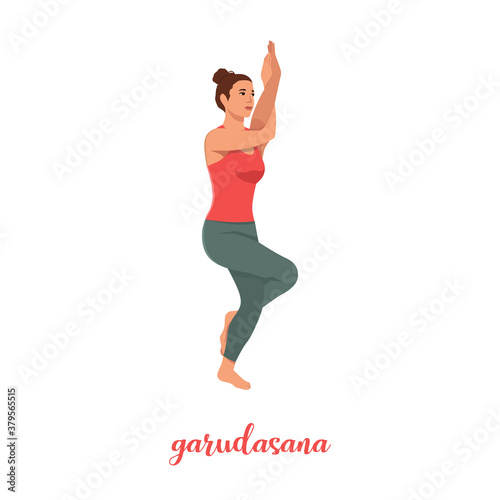 Yoga woman in Garudasana or Eagle yoga pose. Female cartoon character practicing Hatha yoga. Girl demonstrating exercise during gymnastics training. Flat vector illustration.
