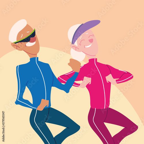 elderly couple running, active seniors