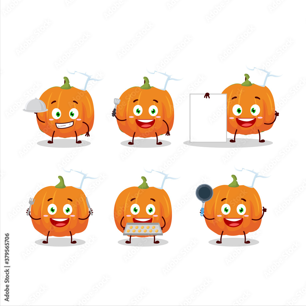 Cartoon character of orange pumpkin with various chef emoticons
