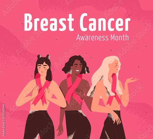 Breast cancer awareness month colorful card vector flat illustration. Diverse women with pink ribbon symbols stand together. Cure or prevention of feminine oncology disease - support and solidarity