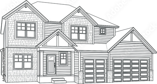 Realistic house sketch. Vector illustration in black and white for games, background, pattern, decor. Print for fabrics and other surfaces. Coloring paper, page, story book