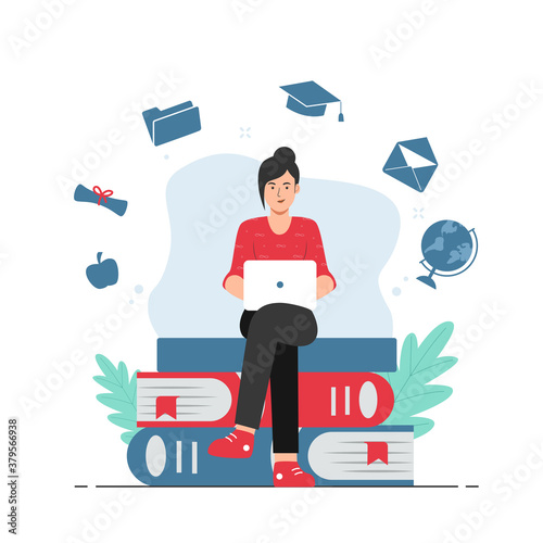 Female student studying with laptop. Online courses concept