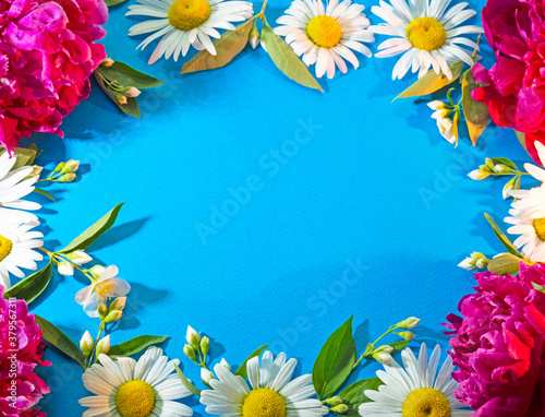  Composition of flowers on a blue background