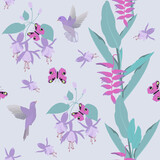 A seamless pattern with tropical flowers of fuchsia, heliconia, butterflies and birds in pastel colors.