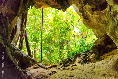 Fototapeta Naklejka Na Ścianę i Meble -  Big dark cave and sun light from jungle forest