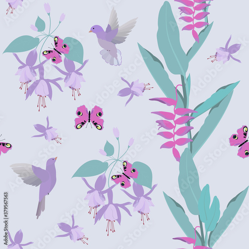 A seamless pattern with tropical flowers of fuchsia, heliconia, butterflies and birds in pastel colors.