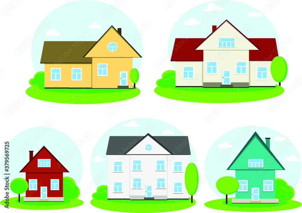 house icon set. five yellow, white, grey, blue, red houses