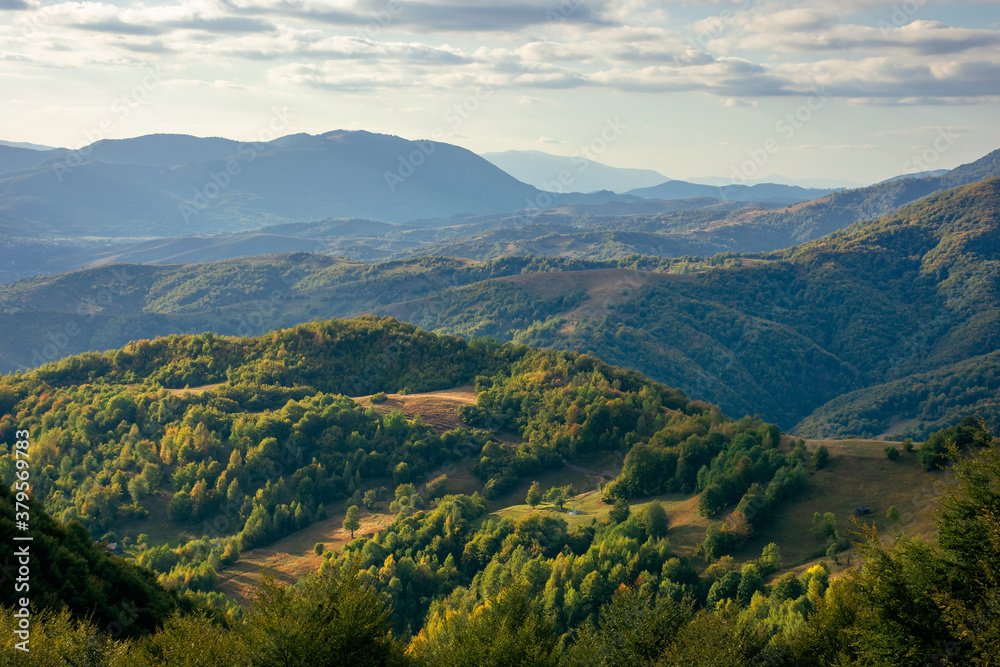 mountainous countryside in the afternoon. beautiful landscape of carpathians. valley of borzhava ridge in the distance. clouds on the sky. sunny weather