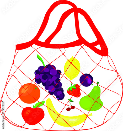 eco shopping net bag with fruits. Zero-waste, plastic-free concept. Colored trendy vector illustration. Cartoon style. Flat design