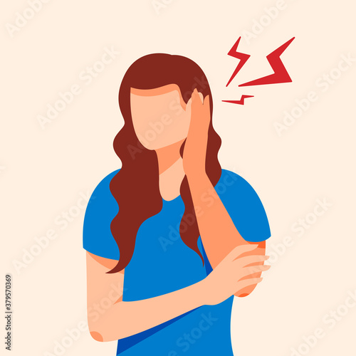 Woman suffering from earache flat cartoon illustration. Medical banner. Hearing problems, vertigo, tinnitus, otitis concept design.