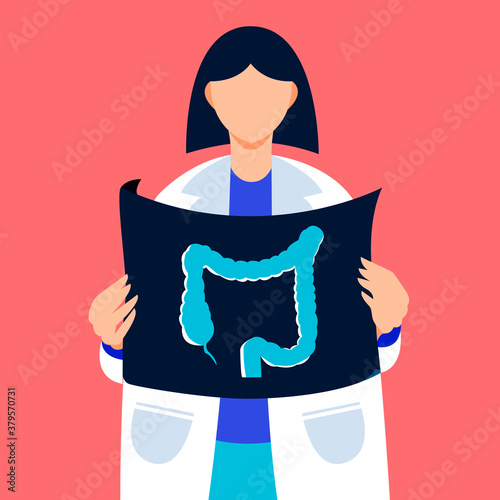 Doctor holding colon xray vector illustration. Medical checkup banner in flat cartoon style. Healthcare background.