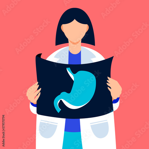 Doctor holding stomach xray vector illustration. Medical checkup banner in flat cartoon style.. Healthcare background. photo